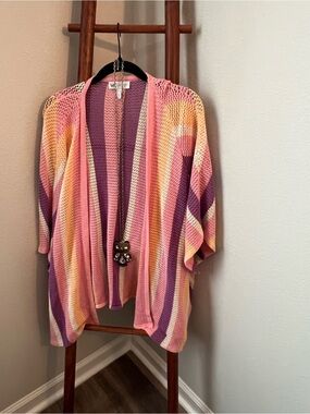 Jessica Simpson Open-Front Multi-Stripe Knit Cardigan - Pink, Purple & Yellow